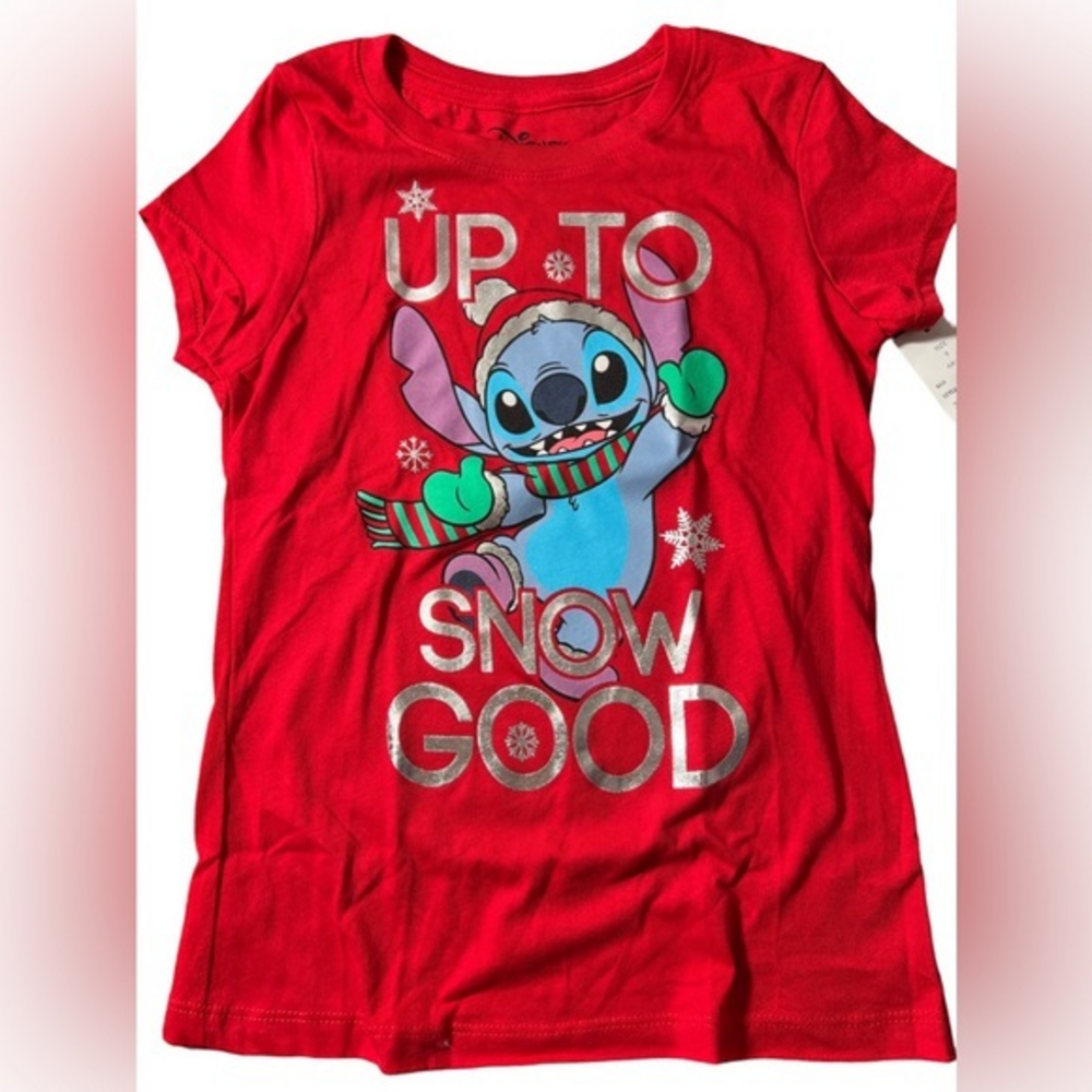 New Disney Stitch Holiday Girls Red Short Sleeve T-shirt "Up to snow good" small